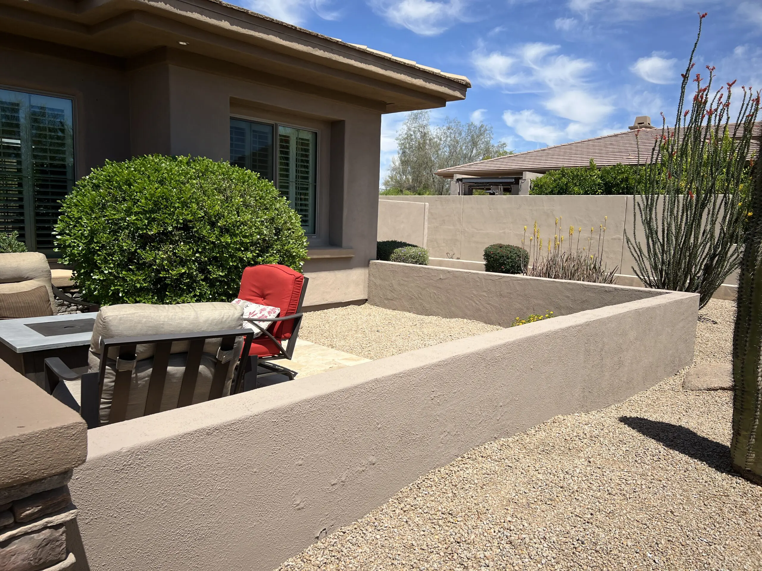 Modern desert-style backyard patio with raised concrete planters, gravel landscaping, spherical boxwood shrub, tall desert plants, lounge chairs, and contemporary home architecture under blue sky