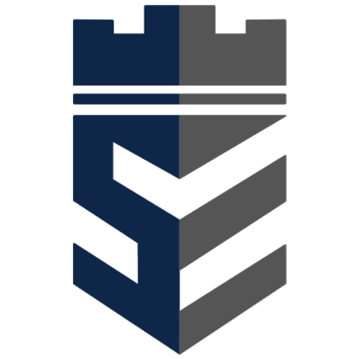 Dark blue and gray shield icon with checkmark symbol and horizontal lines at top