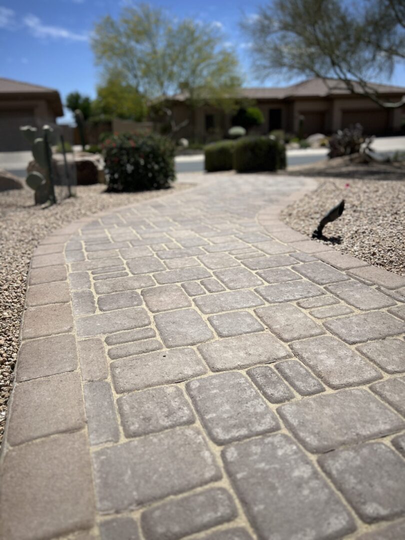 Close-up view of a patterned paver pathway leading toward a modern desert landscaping with cacti, shrubs, and a residential home in the background