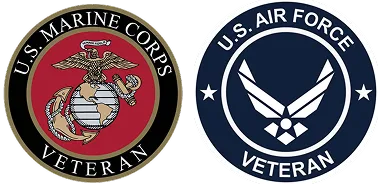 veteran owned2 U.S. Marine Corps and U.S. Air Force veteran badges representing veteran-owned leadership