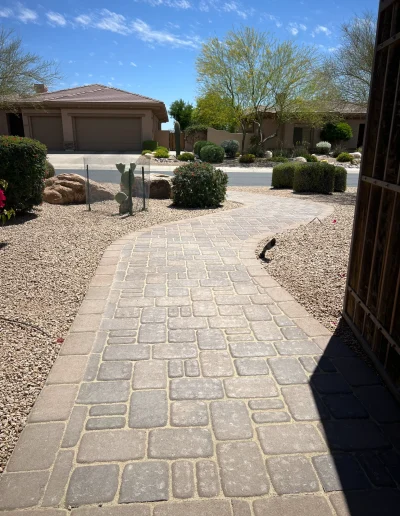 Curved paver walkway surrounded by low-maintenance desert landscaping, shrubs, gravel, and native plants